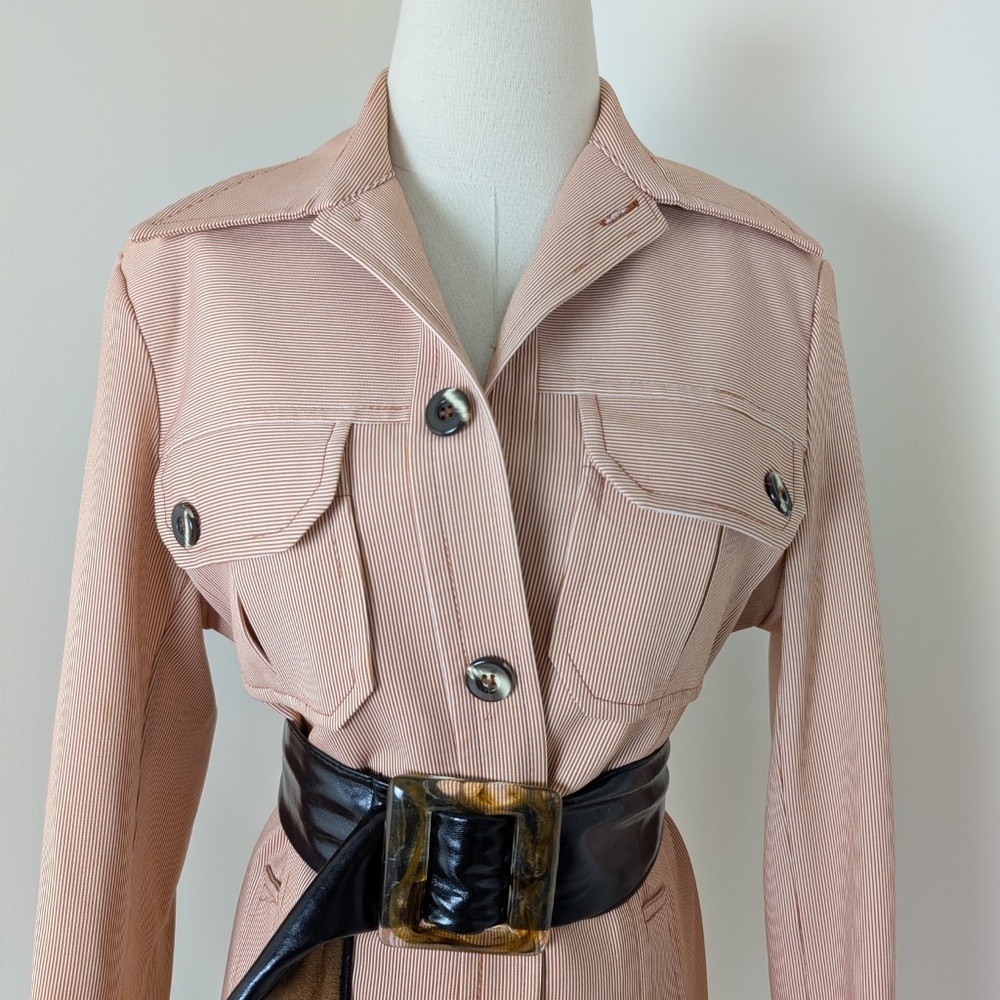 70's Pinstripe Blazer Size Medium Overcoat Pastel Dagger Collar Vintage Office - Picture 10 of 14